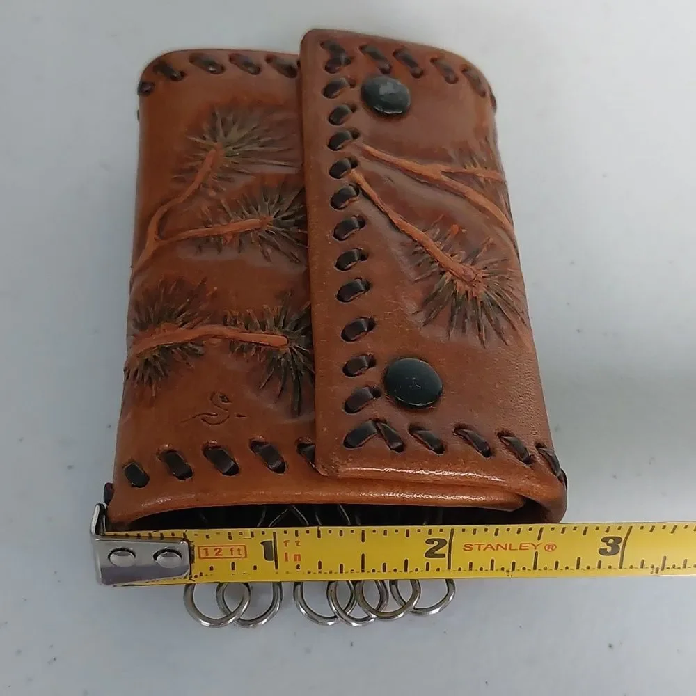 Vintage 60s Tooled Leather 12 Slots Key Holder Trifold Wallet